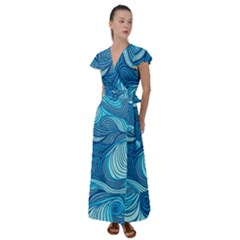 Ocean Waves Sea Abstract Pattern Water Blue Flutter Sleeve Maxi Dress by Ndabl3x