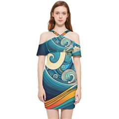 Waves Wave Ocean Sea Abstract Whimsical Abstract Art Shoulder Frill Bodycon Summer Dress by Ndabl3x