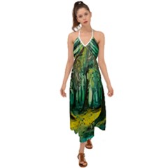 Ai Generated Trees Forest Mystical Forest Nature Art Halter Tie Back Dress  by Ndabl3x