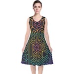 Circuit Hexagonal Geometric Pattern Background Pattern V-Neck Midi Sleeveless Dress 
