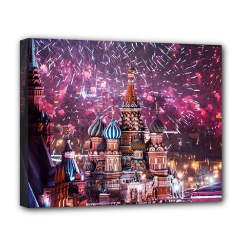 Moscow Kremlin Saint Basils Cathedral Architecture  Building Cityscape Night Fireworks Deluxe Canvas 20  X 16  (stretched) by Cowasu