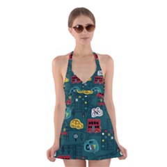 Seamless Pattern With Vehicles Building Road Halter Dress Swimsuit  by Cowasu