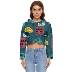 Seamless Pattern With Vehicles Building Road Women s Lightweight Cropped Hoodie by Cowasu