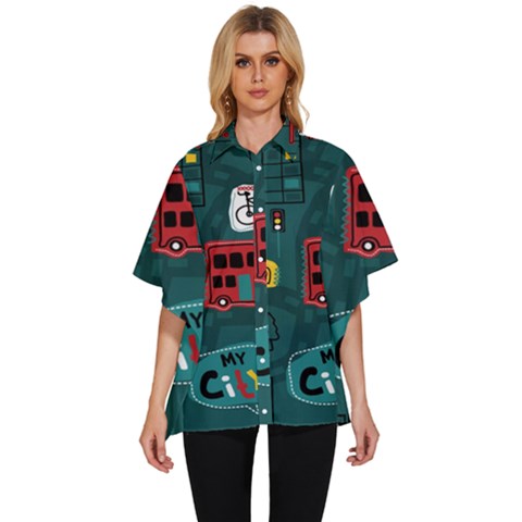 Seamless Pattern With Vehicles Building Road Women s Batwing Button Up Shirt by Cowasu
