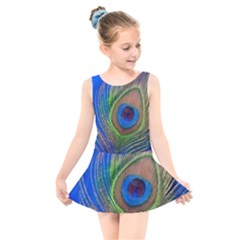 Blue Peacock Feather Kids  Skater Dress Swimsuit by Amaryn4rt