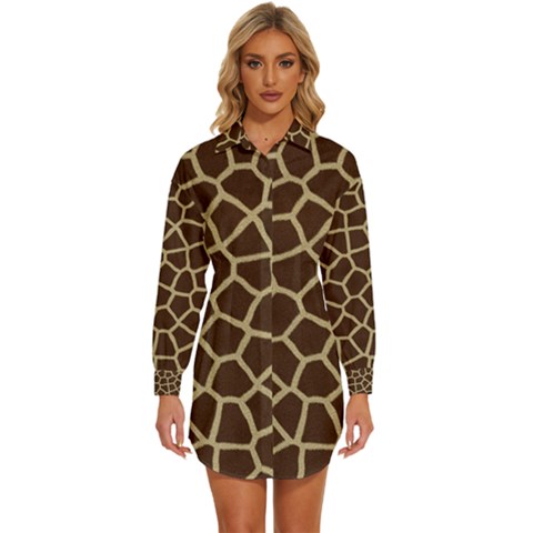Giraffe Animal Print Skin Fur Womens Long Sleeve Shirt Dress by Amaryn4rt