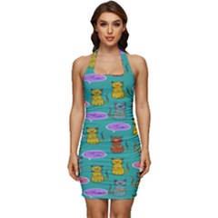Meow Cat Pattern Sleeveless Wide Square Neckline Ruched Bodycon Dress by Amaryn4rt