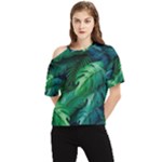 Tropical Green Leaves Background One Shoulder Cut Out Tee