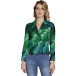 Tropical Green Leaves Background Women s Long Sleeve Revers Collar Cropped Jacket