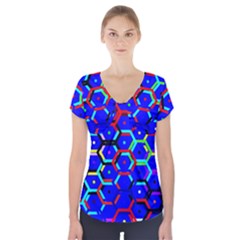 Blue Bee Hive Pattern Short Sleeve Front Detail Top by Amaryn4rt