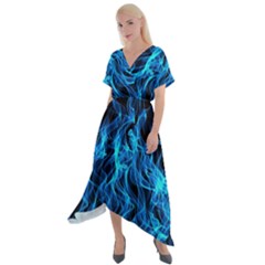 Digitally Created Blue Flames Of Fire Cross Front Sharkbite Hem Maxi Dress by Simbadda