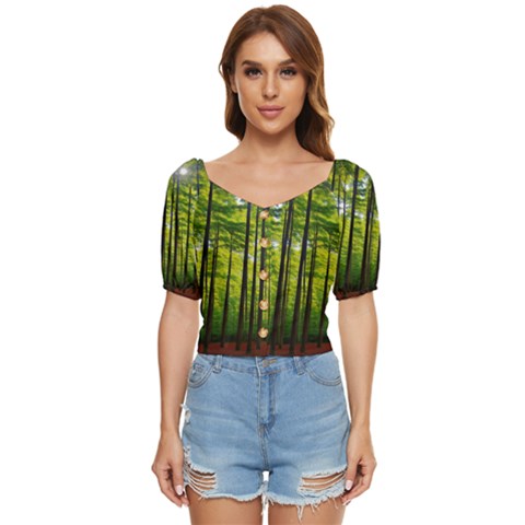 Green Forest Jungle Trees Nature Sunny Button Up Blouse by Ravend