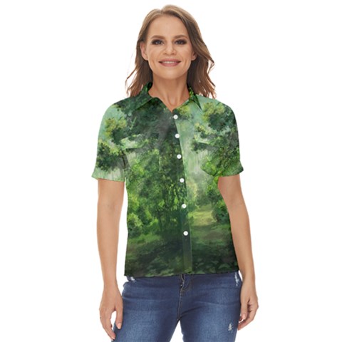 Anime Green Forest Jungle Nature Landscape Women s Short Sleeve Double Pocket Shirt by Ravend