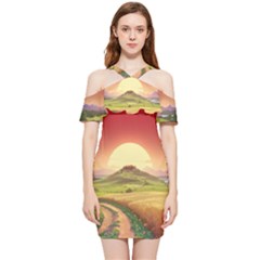 Landscape Sunset Orange Sky Pathway Art Shoulder Frill Bodycon Summer Dress