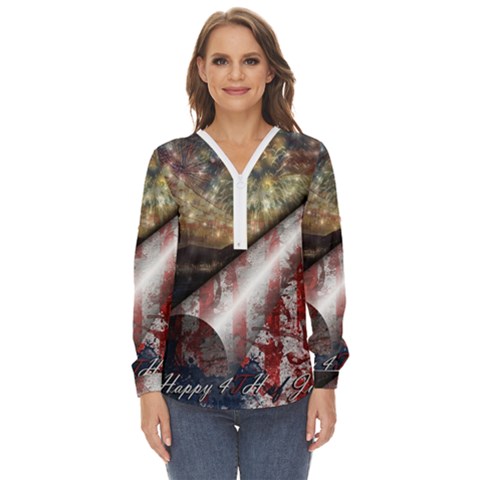Independence Day Background Abstract Grunge American Flag Zip Up Long Sleeve Blouse by Ravend