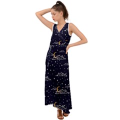 Hand-drawn-scratch-style-night-sky-with-moon-cloud-space-among-stars-seamless-pattern-vector-design- V-neck Chiffon Maxi Dress by uniart180623