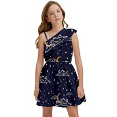 Hand-drawn-scratch-style-night-sky-with-moon-cloud-space-among-stars-seamless-pattern-vector-design- Kids  One Shoulder Party Dress by uniart180623