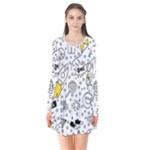 Set-cute-colorful-doodle-hand-drawing Long Sleeve V-neck Flare Dress
