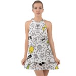 Set-cute-colorful-doodle-hand-drawing Halter Tie Back Chiffon Dress