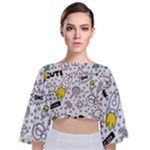 Set-cute-colorful-doodle-hand-drawing Tie Back Butterfly Sleeve Chiffon Top