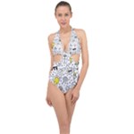 Set-cute-colorful-doodle-hand-drawing Halter Front Plunge Swimsuit