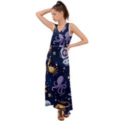 Marine-seamless-pattern-thin-line-memphis-style V-neck Chiffon Maxi Dress by uniart180623
