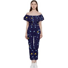 Seamless-pattern-with-cartoon-zodiac-constellations-starry-sky Bardot Ruffle Jumpsuit by uniart180623