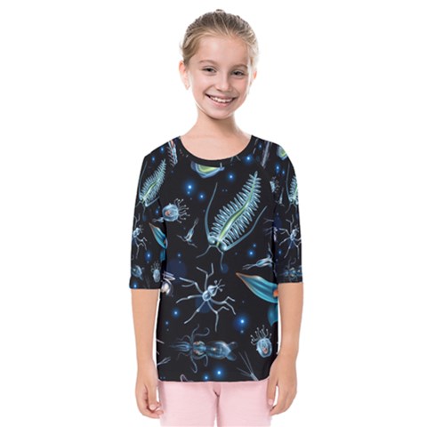 Colorful-abstract-pattern-consisting-glowing-lights-luminescent-images-marine-plankton-dark Kids  Quarter Sleeve Raglan Tee by uniart180623
