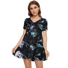 Colorful-abstract-pattern-consisting-glowing-lights-luminescent-images-marine-plankton-dark Tiered Short Sleeve Babydoll Dress by uniart180623