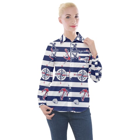 Seamless-marine-pattern Women s Long Sleeve Pocket Shirt by uniart180623