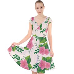 Cute-pink-flowers-with-leaves-pattern Cap Sleeve Front Wrap Midi Dress by uniart180623