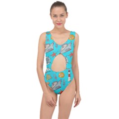 Colored-sketched-sea-elements-pattern-background-sea-life-animals-illustration Center Cut Out Swimsuit by uniart180623