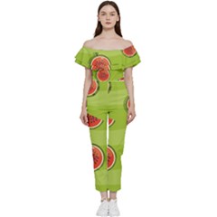 Seamless-background-with-watermelon-slices Bardot Ruffle Jumpsuit by uniart180623