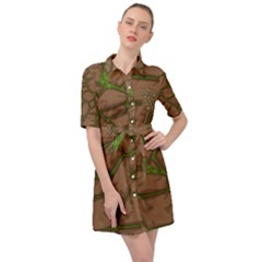 Cartoon-brown-stone-grass-seamless-background-texture-pattern Belted Shirt Dress by uniart180623