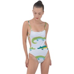 Cute-cartoon-alligator-kids-seamless-pattern-with-green-nahd-drawn-crocodiles Tie Strap One Piece Swimsuit by uniart180623