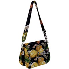 Embroidery-blossoming-lemons-butterfly-seamless-pattern Saddle Handbag by uniart180623