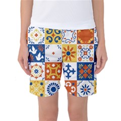 Mexican-talavera-pattern-ceramic-tiles-with-flower-leaves-bird-ornaments-traditional-majolica-style- Women s Basketball Shorts by uniart180623