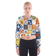 Mexican-talavera-pattern-ceramic-tiles-with-flower-leaves-bird-ornaments-traditional-majolica-style- Cropped Sweatshirt by uniart180623