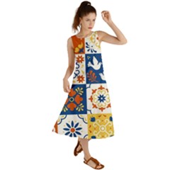 Mexican-talavera-pattern-ceramic-tiles-with-flower-leaves-bird-ornaments-traditional-majolica-style- Summer Maxi Dress