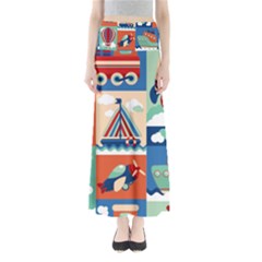 Toy-transport-cartoon-seamless-pattern-with-airplane-aerostat-sail-yacht-vector-illustration Full Length Maxi Skirt by uniart180623