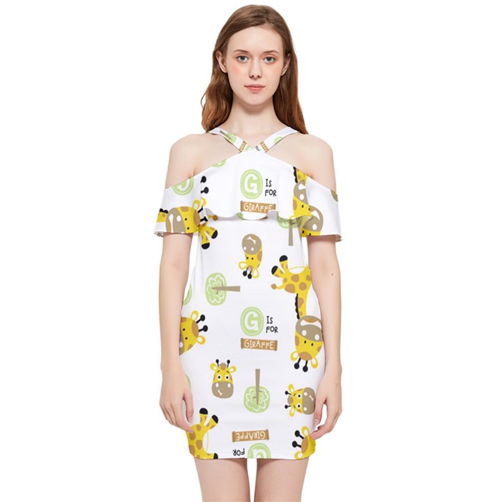 Vector-pattern-with-cute-giraffe-cartoon Shoulder Frill Bodycon Summer Dress