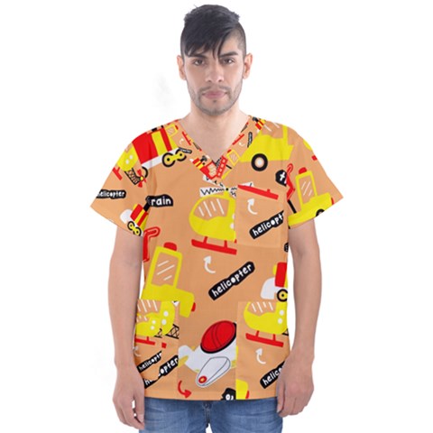 Seamless-pattern-cartoon-with-transportation-vehicles Men s V-neck Scrub Top by uniart180623