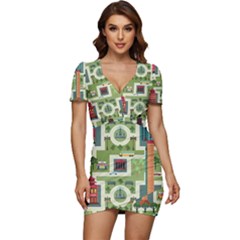 City-seamless-pattern Low Cut Cap Sleeve Mini Dress by uniart180623