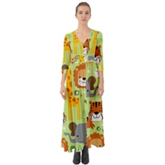 Seamless-pattern-vector-with-animals-wildlife-cartoon Button Up Boho Maxi Dress by uniart180623