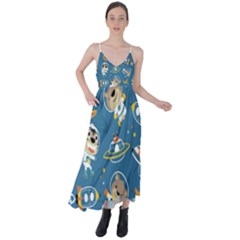 Seamless-pattern-funny-astronaut-outer-space-transportation Tie Back Maxi Dress