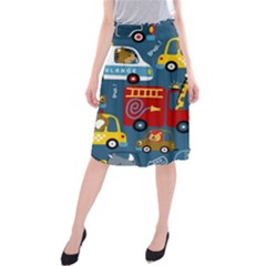 Seamless-pattern-vehicles-cartoon-with-funny-drivers Midi Beach Skirt by uniart180623