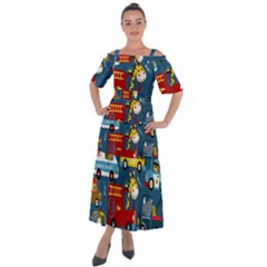 Seamless-pattern-vehicles-cartoon-with-funny-drivers Shoulder Straps Boho Maxi Dress 