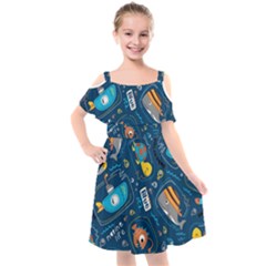 Seamless-pattern-vector-submarine-with-sea-animals-cartoon Kids  Cut Out Shoulders Chiffon Dress by uniart180623