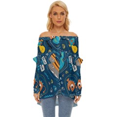 Seamless-pattern-vector-submarine-with-sea-animals-cartoon Off Shoulder Chiffon Pocket Shirt by uniart180623