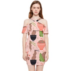 Japanese Street Food  Soba Noodle In Bowls Shoulder Frill Bodycon Summer Dress by uniart180623
